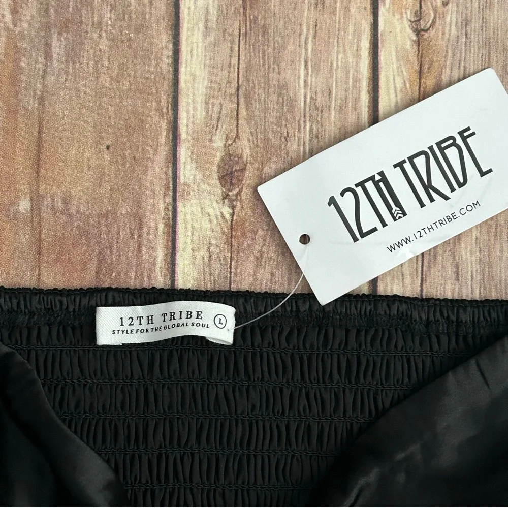 12th Tribe Black Satin-Look Bandeau Top with Smocked Back | Size Large - Picture 2 of 4